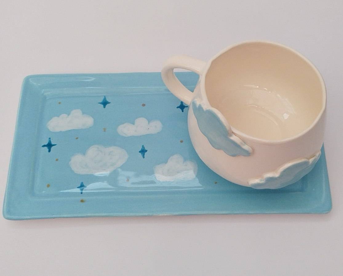 ست ماگ و زیرماگی دست ساز طرح ابری | فطرس سرامیک