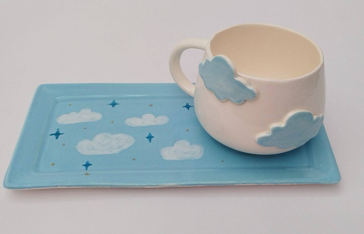 ست ماگ و زیرماگی دست ساز طرح ابری | فطرس سرامیک