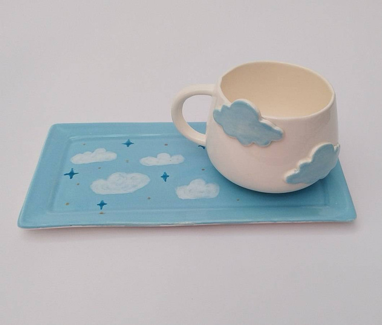 ست ماگ و زیرماگی دست ساز طرح ابری | فطرس سرامیک